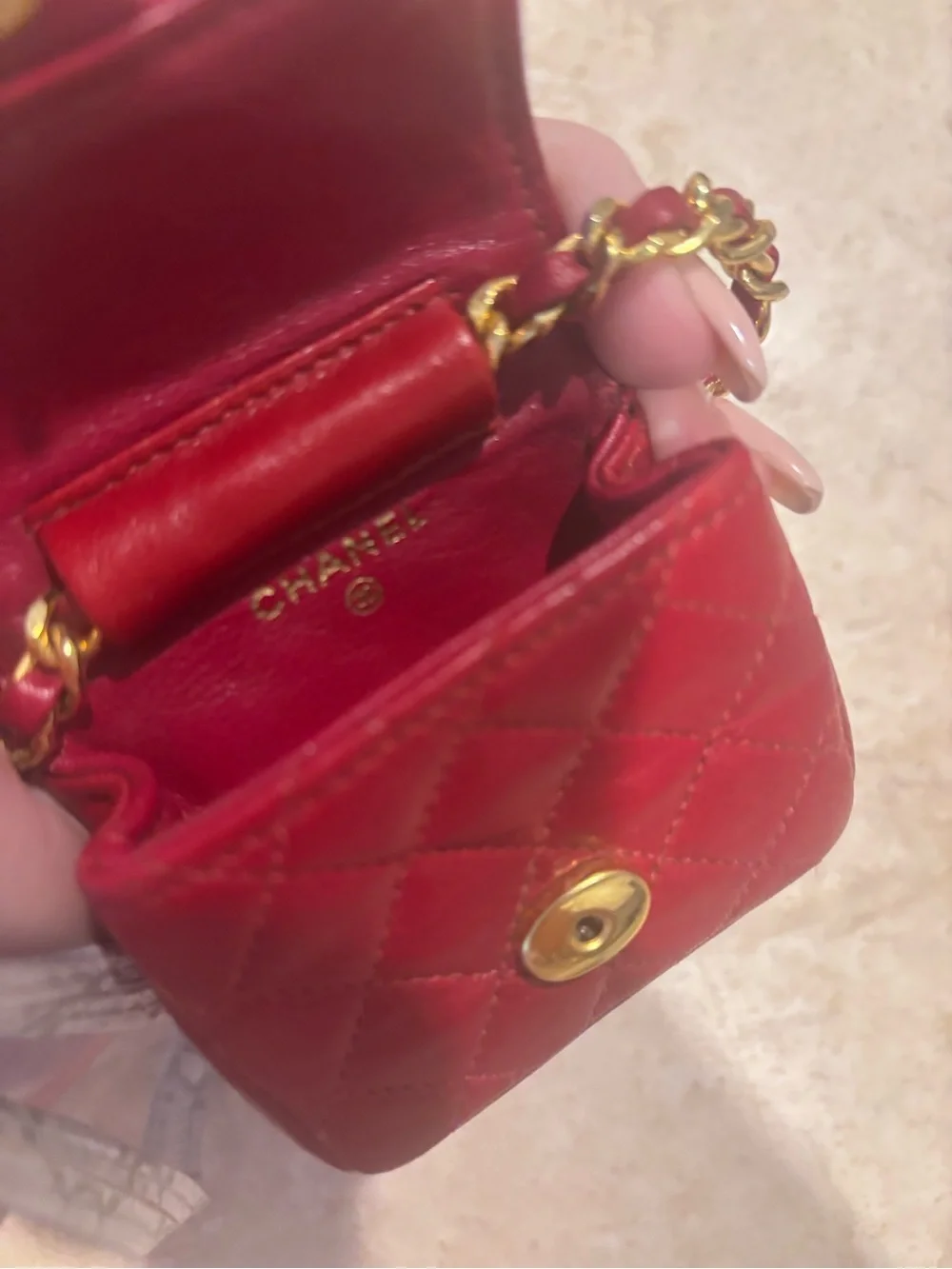 CHANEL MICRO Quilted Lambskin Flap Bag in Crimson Red